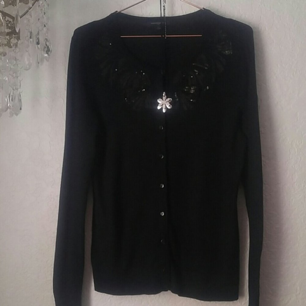 Banana Republic Black Long Sleeve Cardigan Sequin Front Sweater SZ L